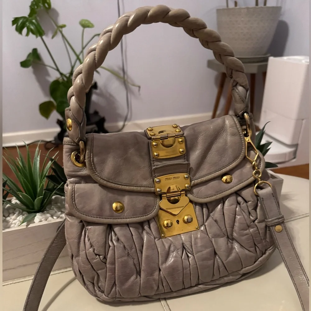Miu Miu Gray Leather Handbag with Gold Accents - Picture 1 of 14